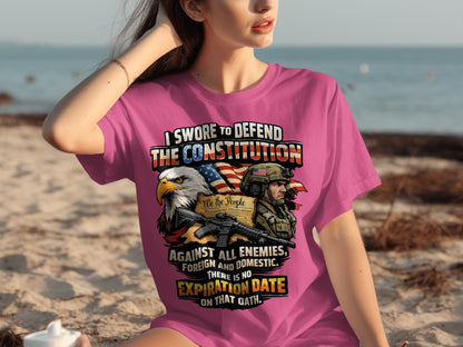 "I swore to defend the Constitution" text with eagle, soldier, and flag graphic.