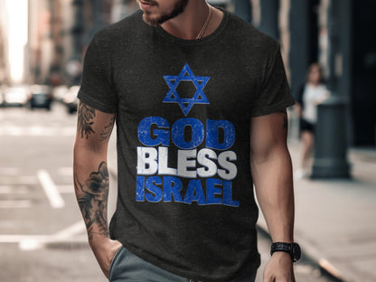Dark t-shirt with blue Star of David and "God Bless Israel" text.