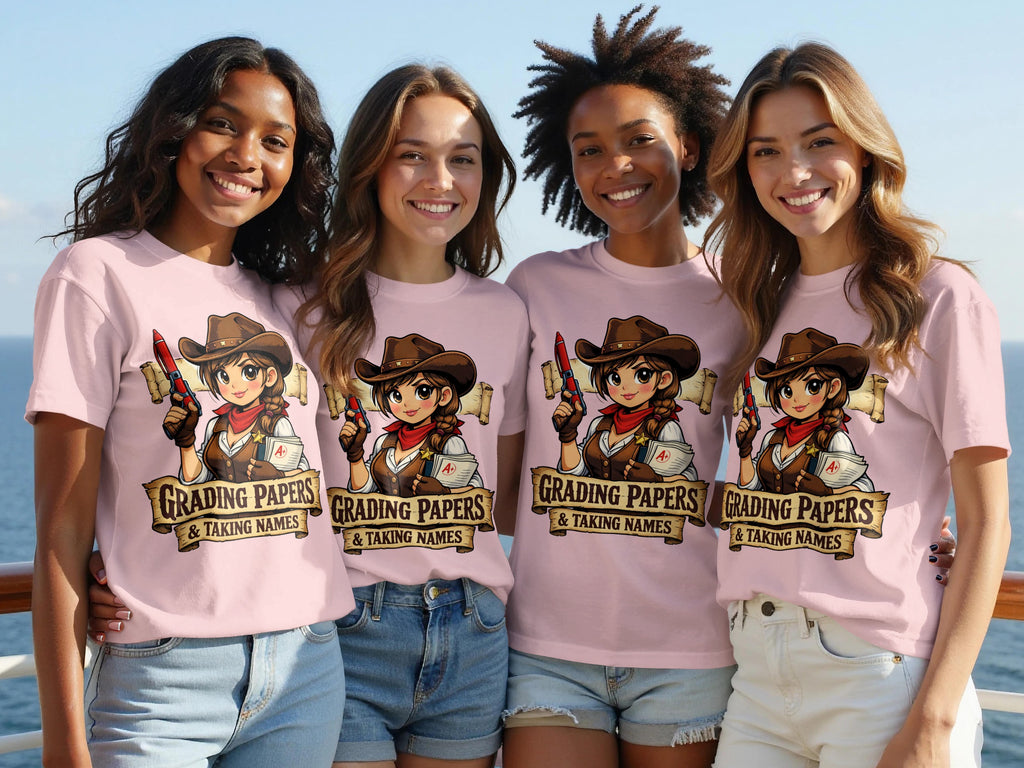 Four young women wear pink shirts with a cowgirl graphic and the text "GRADING PAPERS & TAKING NAMES".