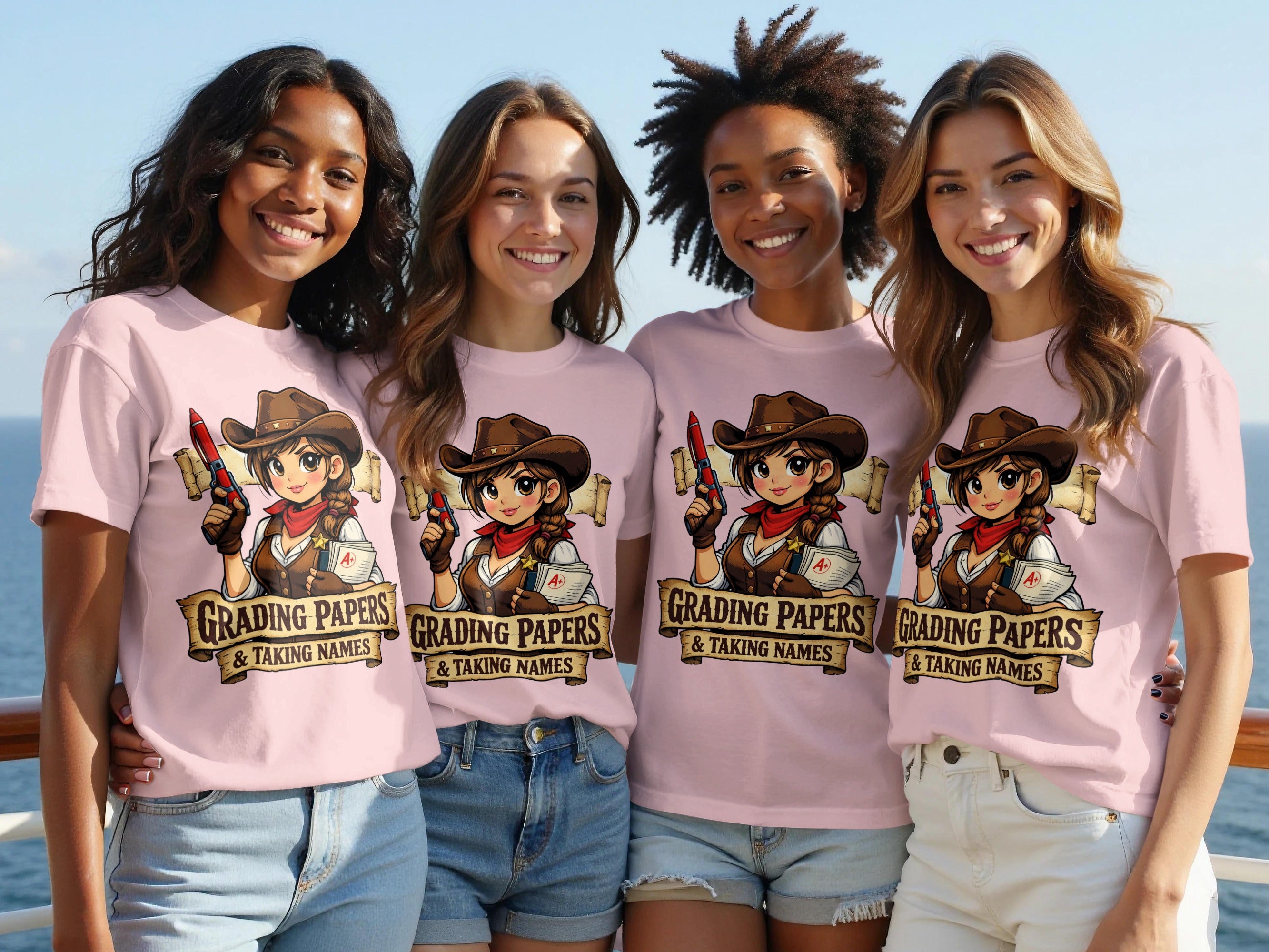Four young women wear pink shirts with a cowgirl graphic and the text "GRADING PAPERS & TAKING NAMES".
