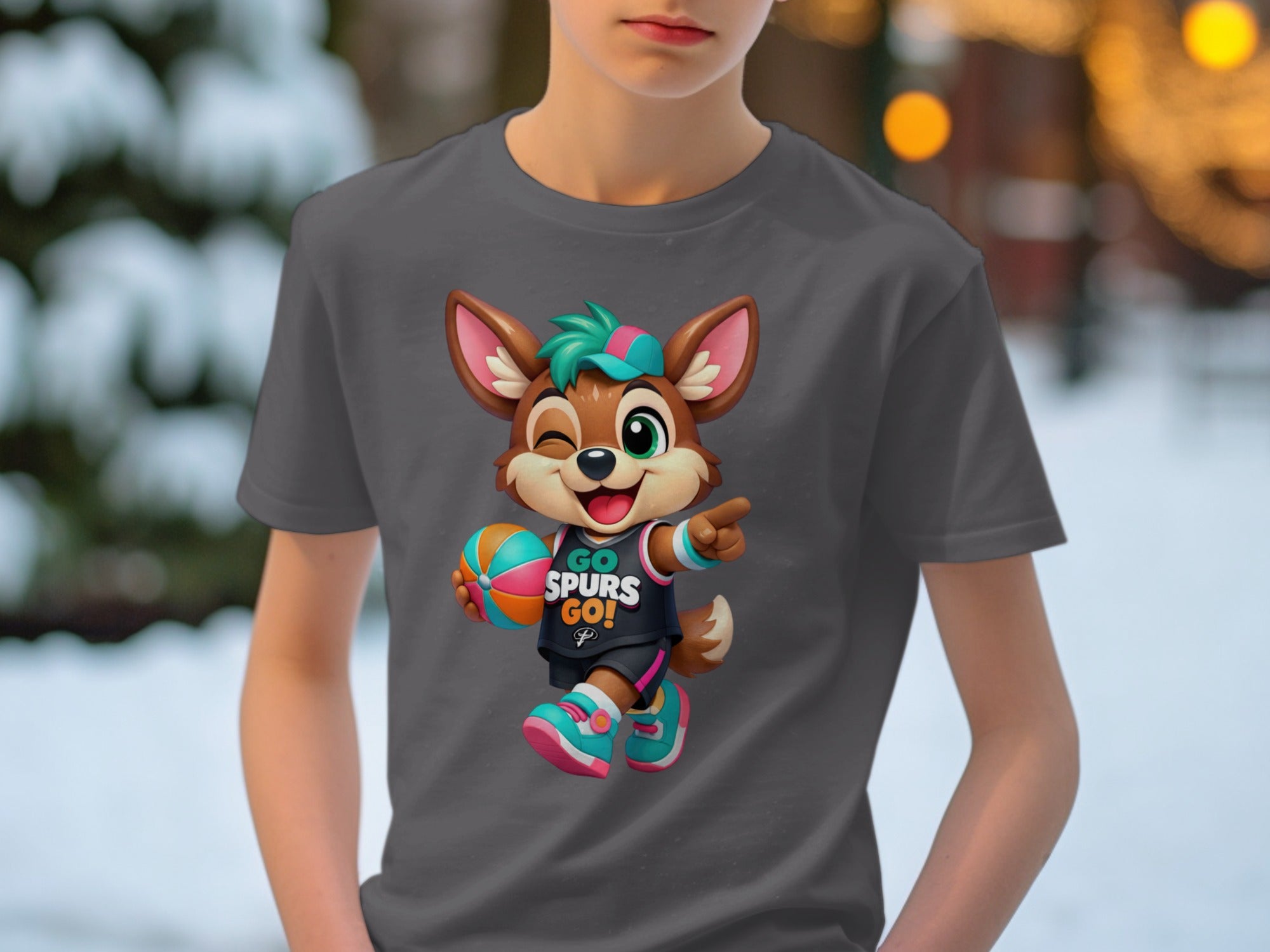 Cartoon fox character on a dark gray t-shirt, holding a basketball with "GO SPURS GO!" text.