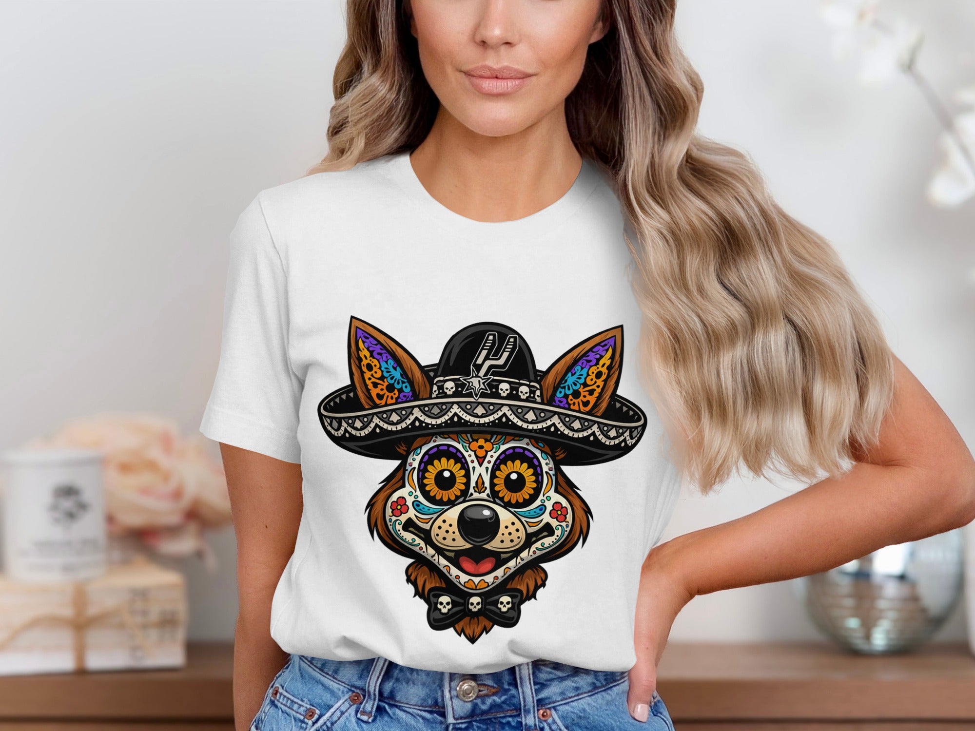 Day of the Dead dog wearing a sombrero with skull bow tie on white t-shirt.