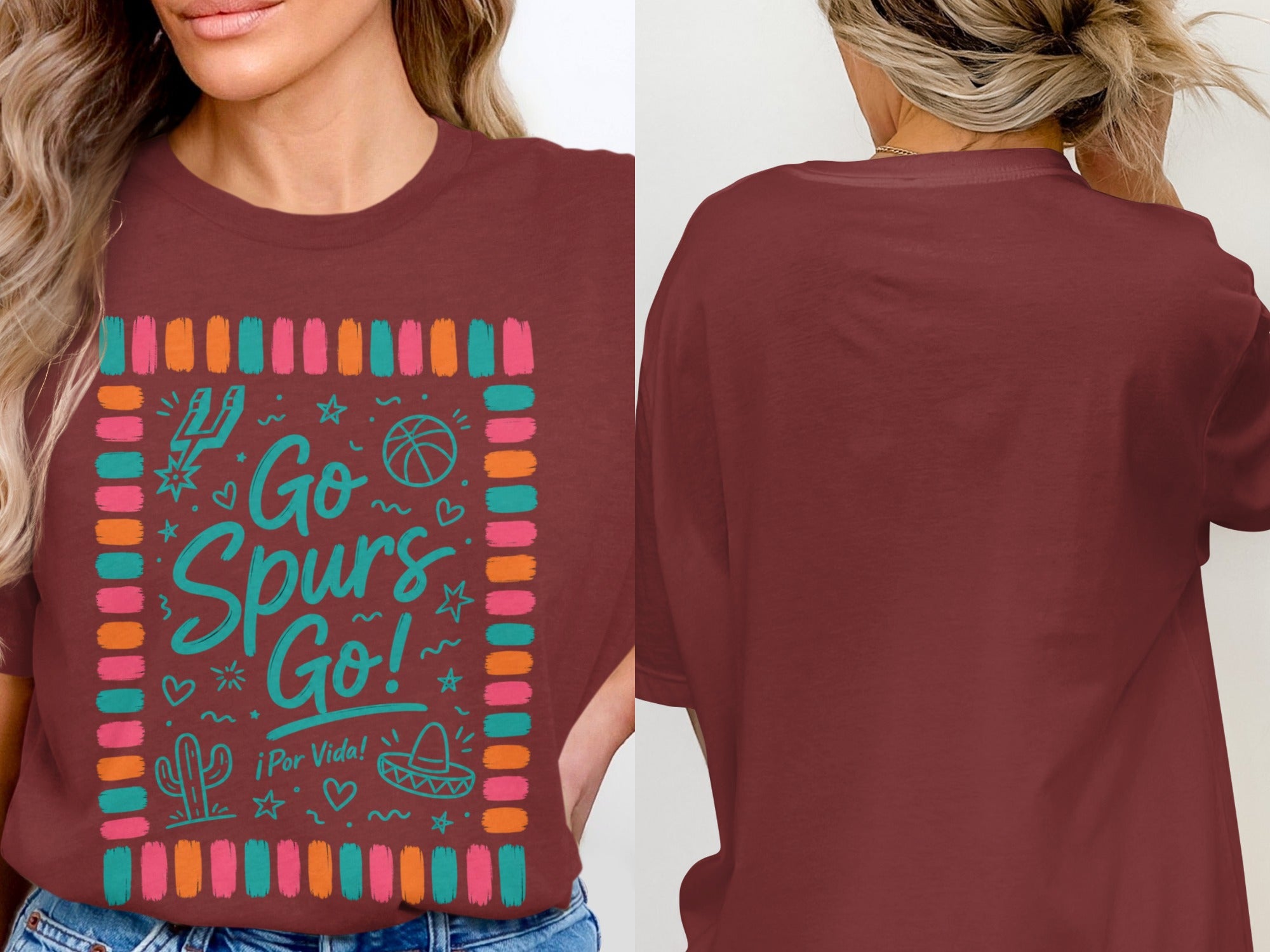 Maroon t-shirt with "Go Spurs Go!" text, cactus, sombrero, and basketball graphics.