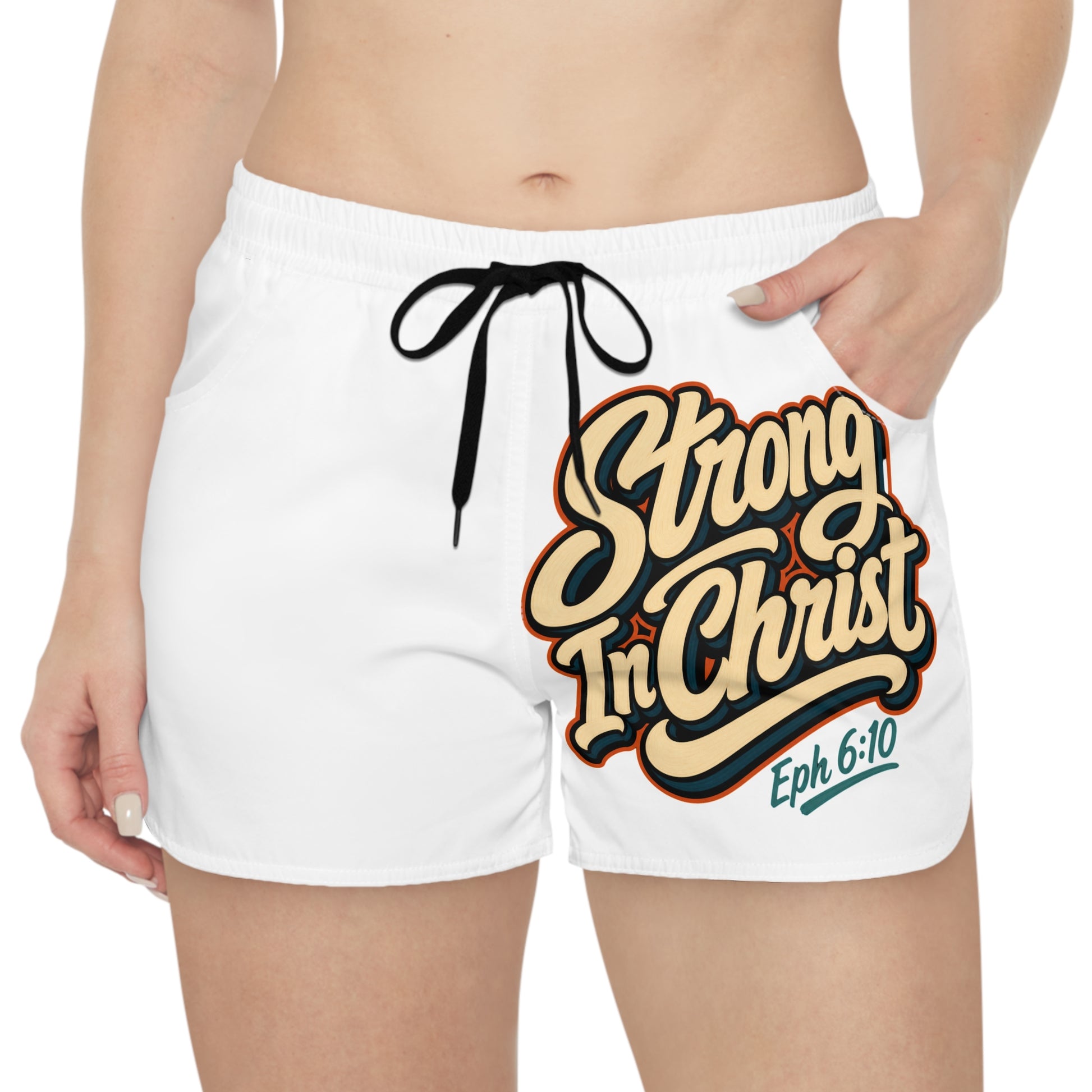 White shorts with "Strong In Christ Eph 6:10" graphic design.