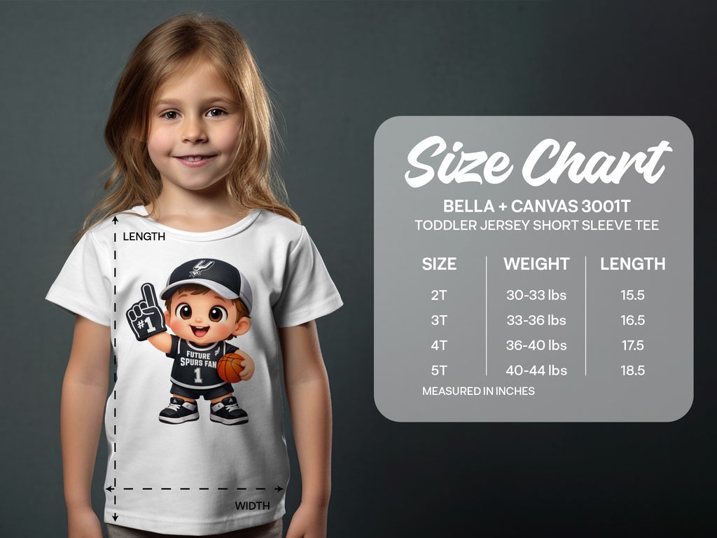 Toddler t-shirt size chart with weight and length measurements for Bella + Canvas 3001T shirts.