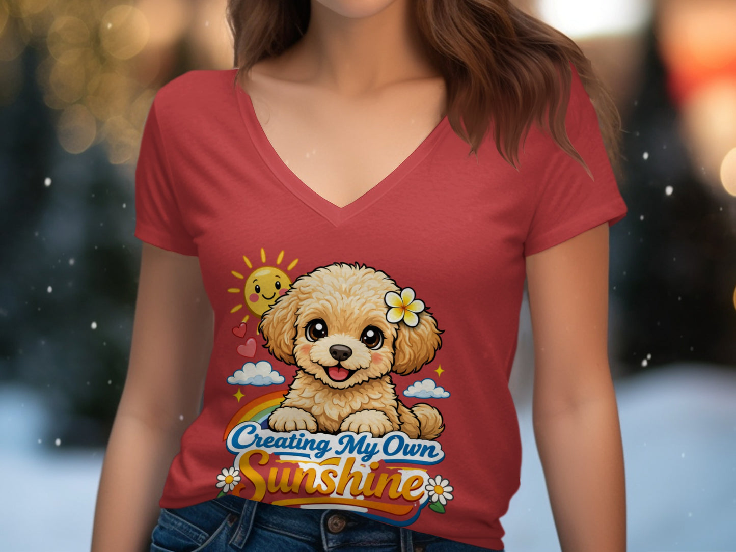 Red t-shirt with cartoon dog, sun, clouds, rainbow, and "Creating My Own Sunshine" text.