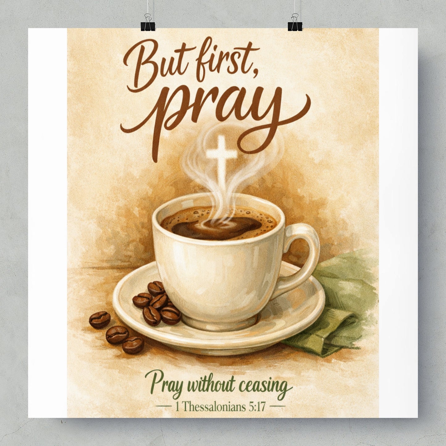 Coffee cup with steam forming a cross, "But first, pray" and 1 Thessalonians 5:17.
