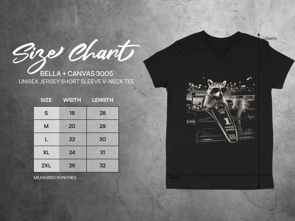 Bella + Canvas 3005 size chart next to a black v-neck tee with raccoon graphic.