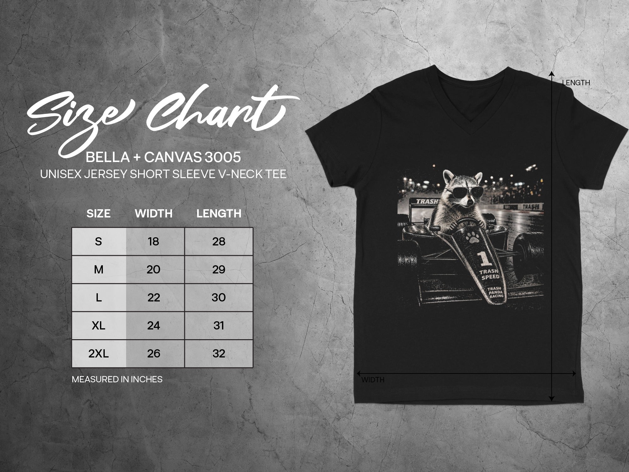 Bella + Canvas 3005 size chart next to a black v-neck tee with raccoon graphic.
