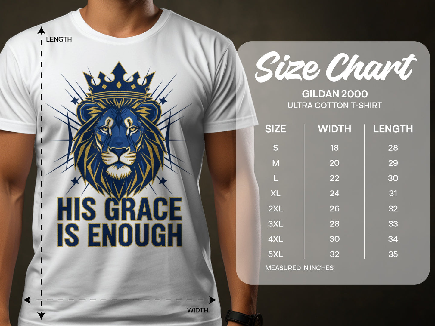 White Gildan 2000 t-shirt with lion graphic and "HIS GRACE IS ENOUGH" text, plus size chart.