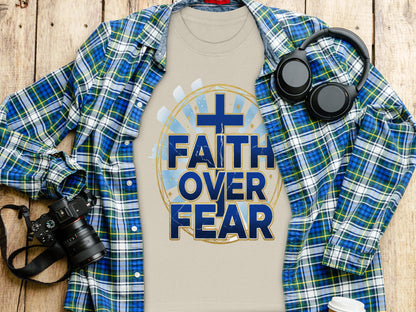 Beige t-shirt with blue text "FAITH OVER FEAR" and a cross graphic.