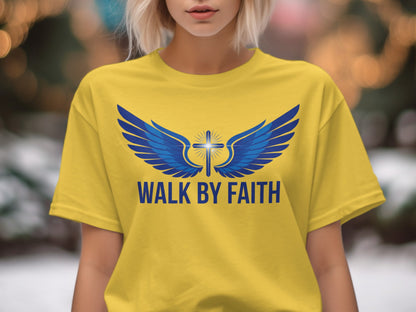 Yellow t-shirt with blue wings and cross graphic, and "WALK BY FAITH" text.