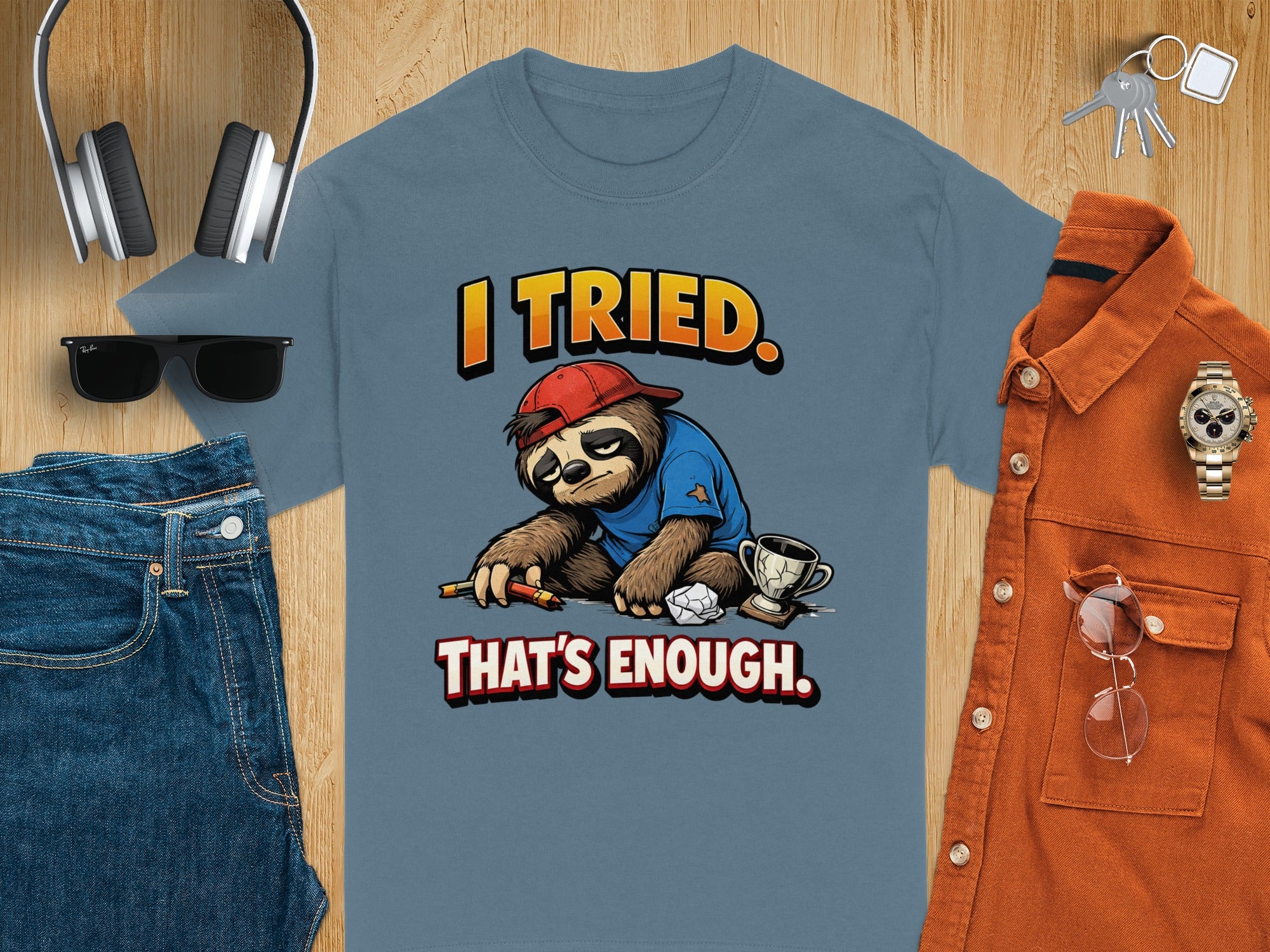 T-shirt with sloth graphic and text "I TRIED. THAT'S ENOUGH."