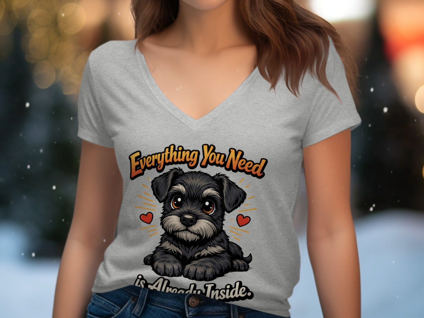 Grey t-shirt with a cute black schnauzer and text "Everything You Need is Already Inside."