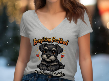 Grey t-shirt with a cute black schnauzer and text "Everything You Need is Already Inside."