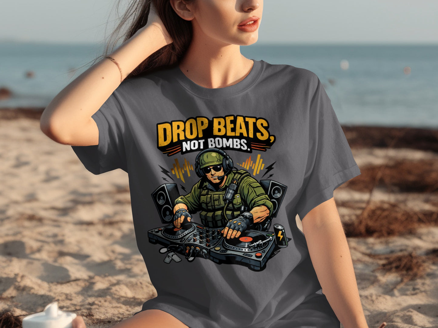 T-shirt graphic with DJ soldier graphic and text "DROP BEATS, NOT BOMBS."