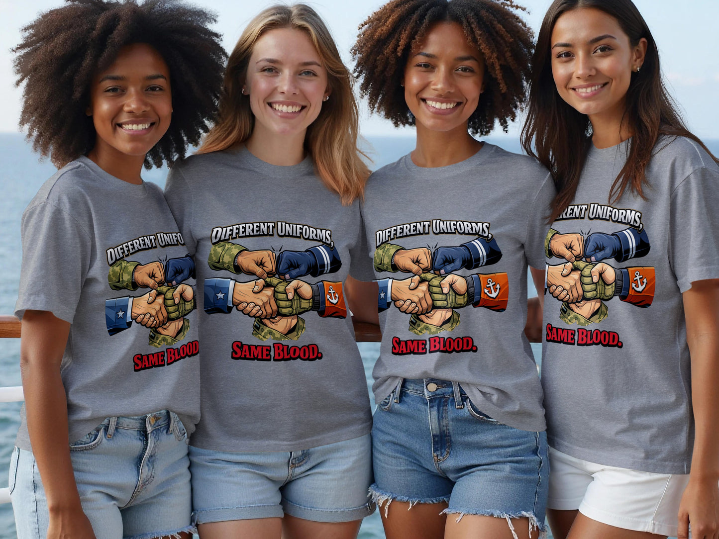 Four women wear grey t-shirts with a military-themed graphic and text.
