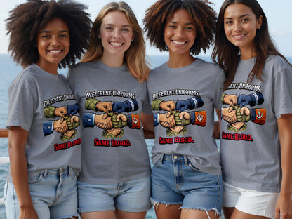 Four women wear grey t-shirts with a military-themed graphic and text.