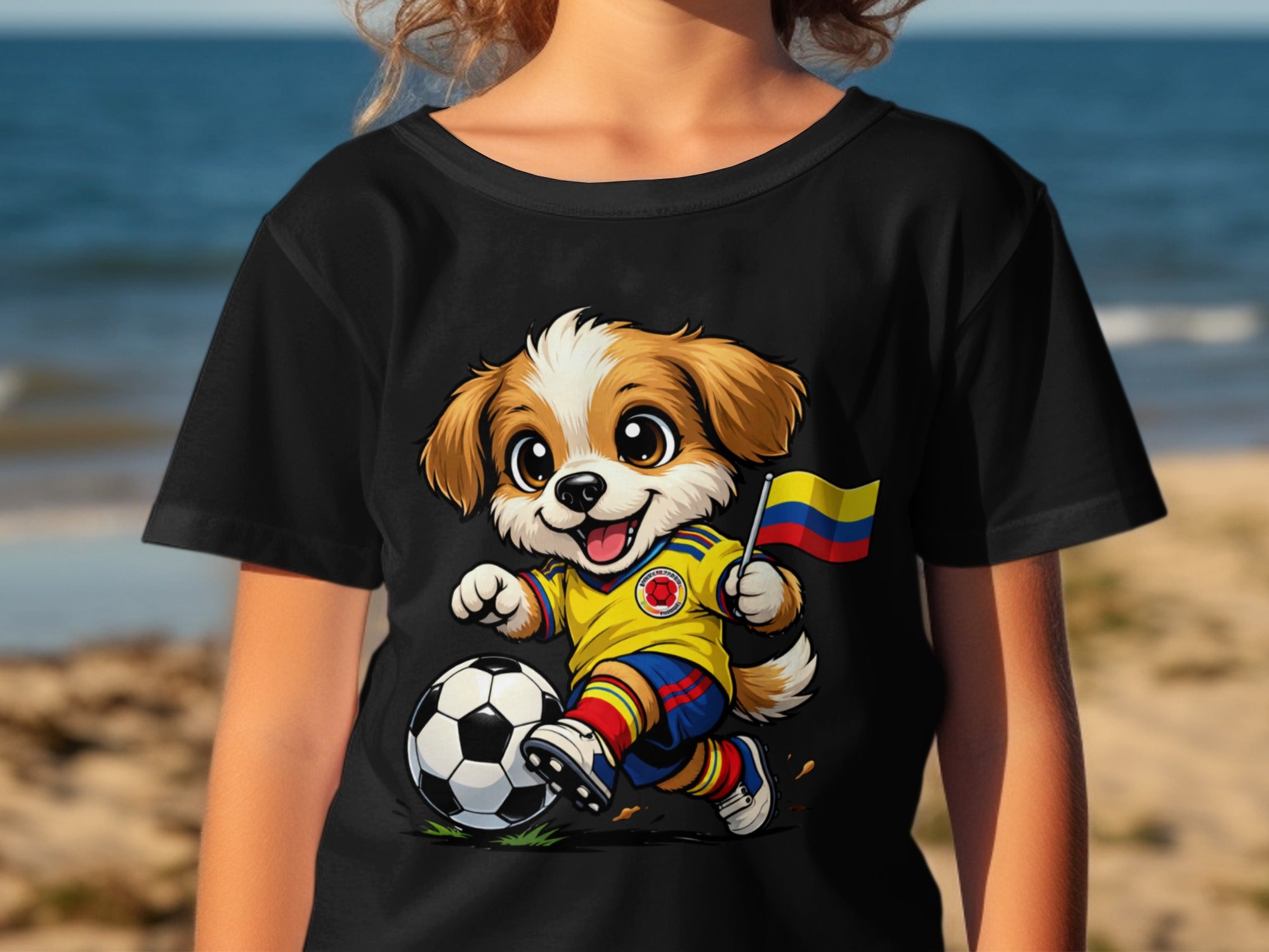 Cartoon dog in Colombian soccer uniform kicking a soccer ball and holding a flag.