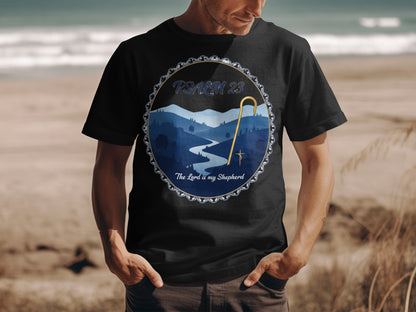 Black t-shirt with Psalm 23 landscape, shepherd's crook, and cross graphic.