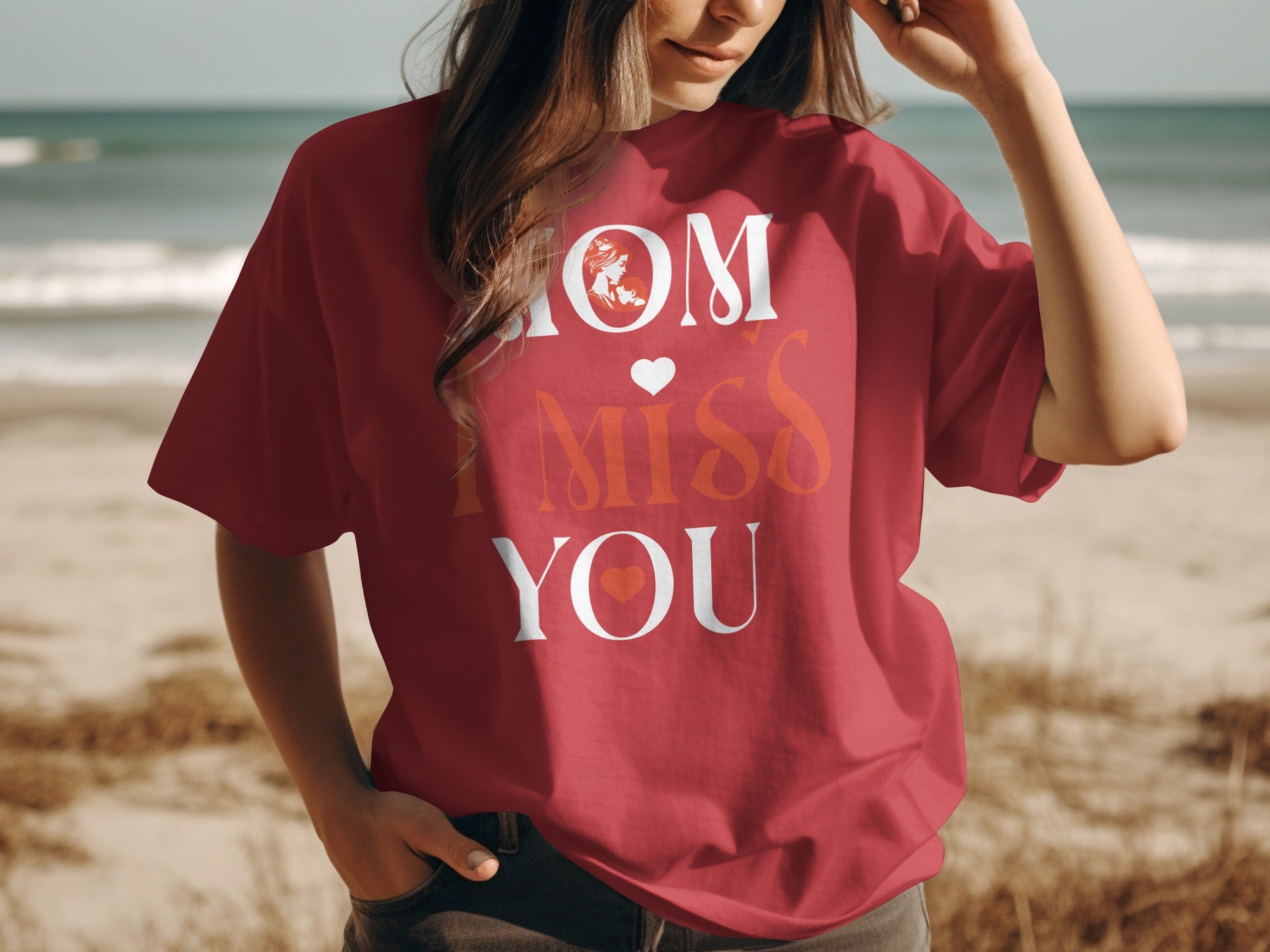 Red t-shirt with "Mom, I Miss You" graphic and image of mother and child.