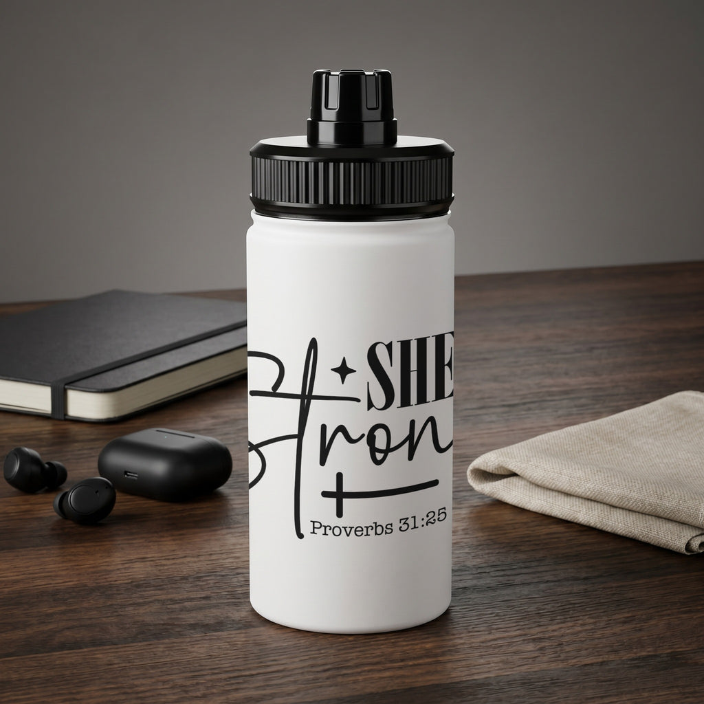 White water bottle with black lid, featuring "She is Strong" text and Proverbs 31:25.