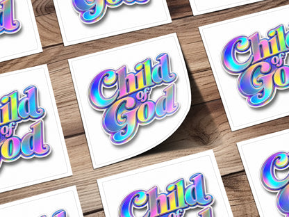 Several stickers with iridescent "Child of God" text on white cards.