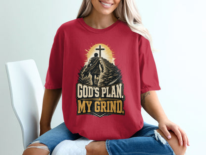 Red t-shirt with graphic and text "God's Plan. My Grind."