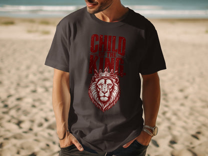 Dark grey t-shirt with distressed red "CHILD OF THE KING" text and lion wearing crown.