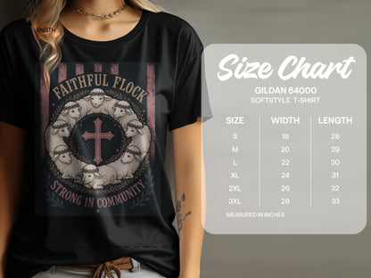 T-shirt with "Faithful Flock Strong in Community" graphic and Gildan 64000 size chart.