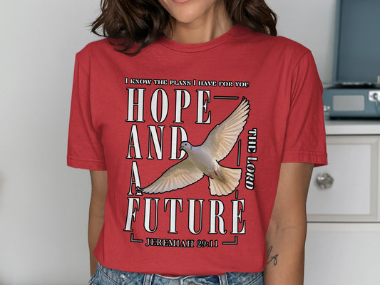 Red t-shirt with "Hope and a Future" and Jeremiah 29:11 text and a dove.