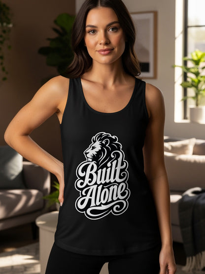 Black tank top with white lion graphic and text "Built Alone".