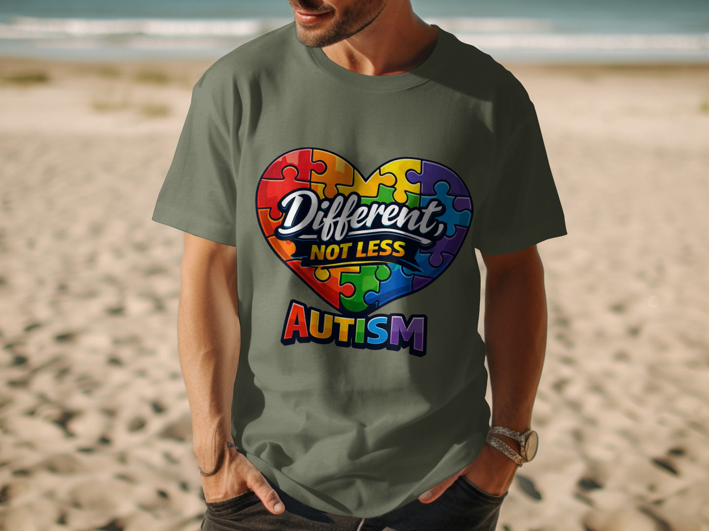 Green t-shirt with a heart made of rainbow puzzle pieces saying "Different, NOT LESS Autism".