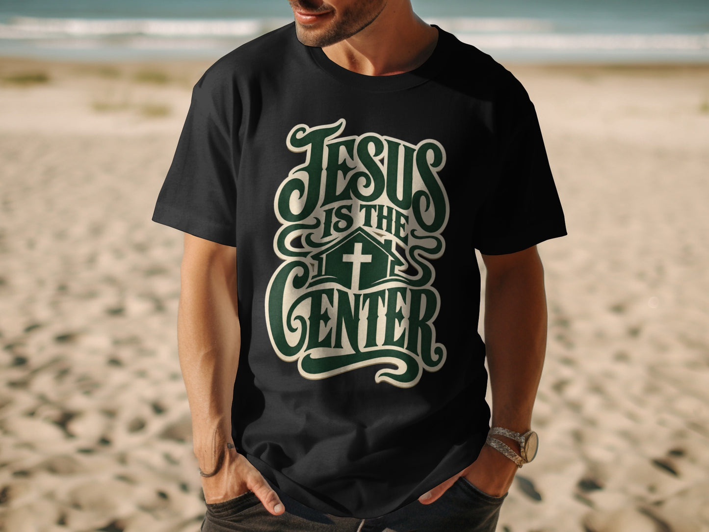 Black t-shirt with green text and cross: "Jesus is the center".