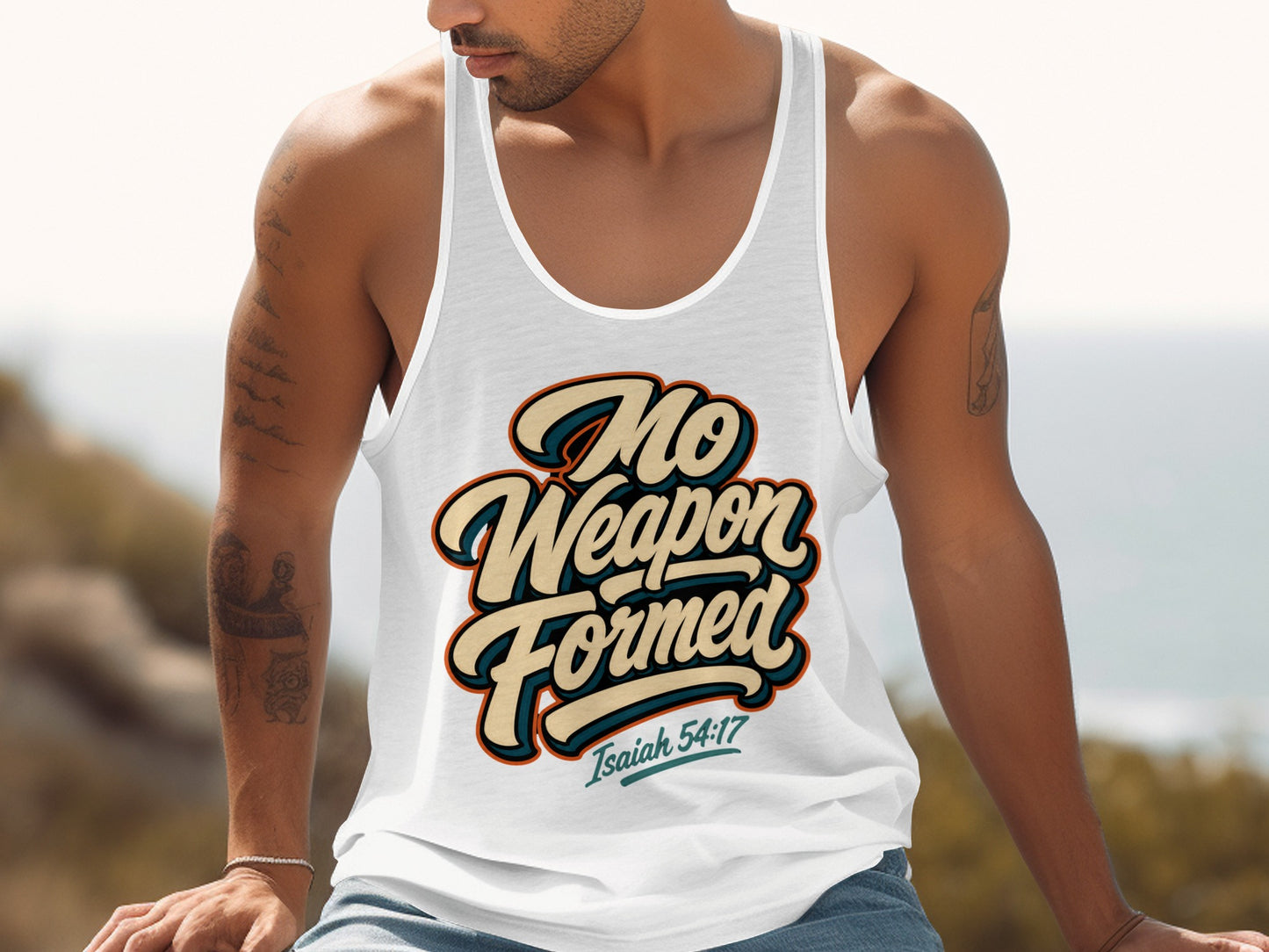 White tank top with "No Weapon Formed" and "Isaiah 54:17" in stylized text.