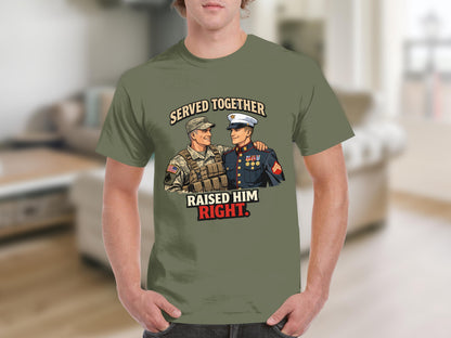T-shirt graphic of two soldiers, one in Army uniform, other in Marine dress blues, with text.