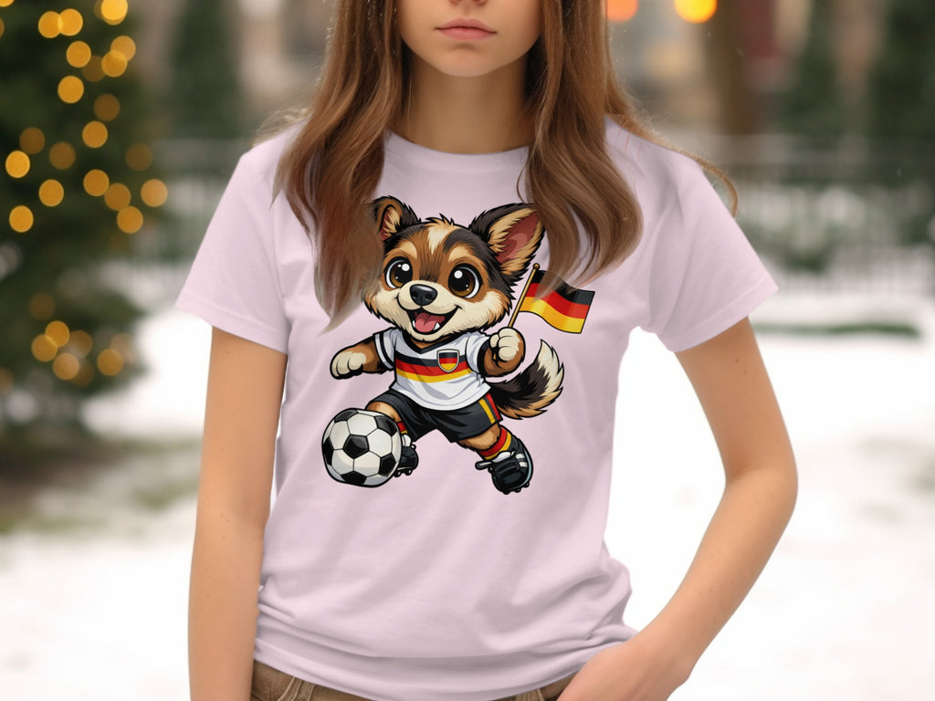 Cartoon dog dribbles soccer ball in German soccer uniform, holding German flag.