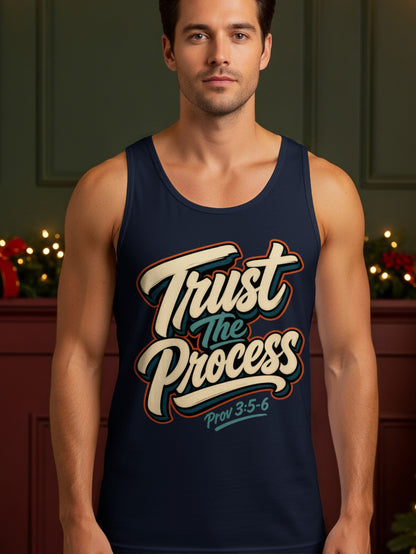 Navy tank top with "Trust The Process" and "Prov 3:5-6" text.