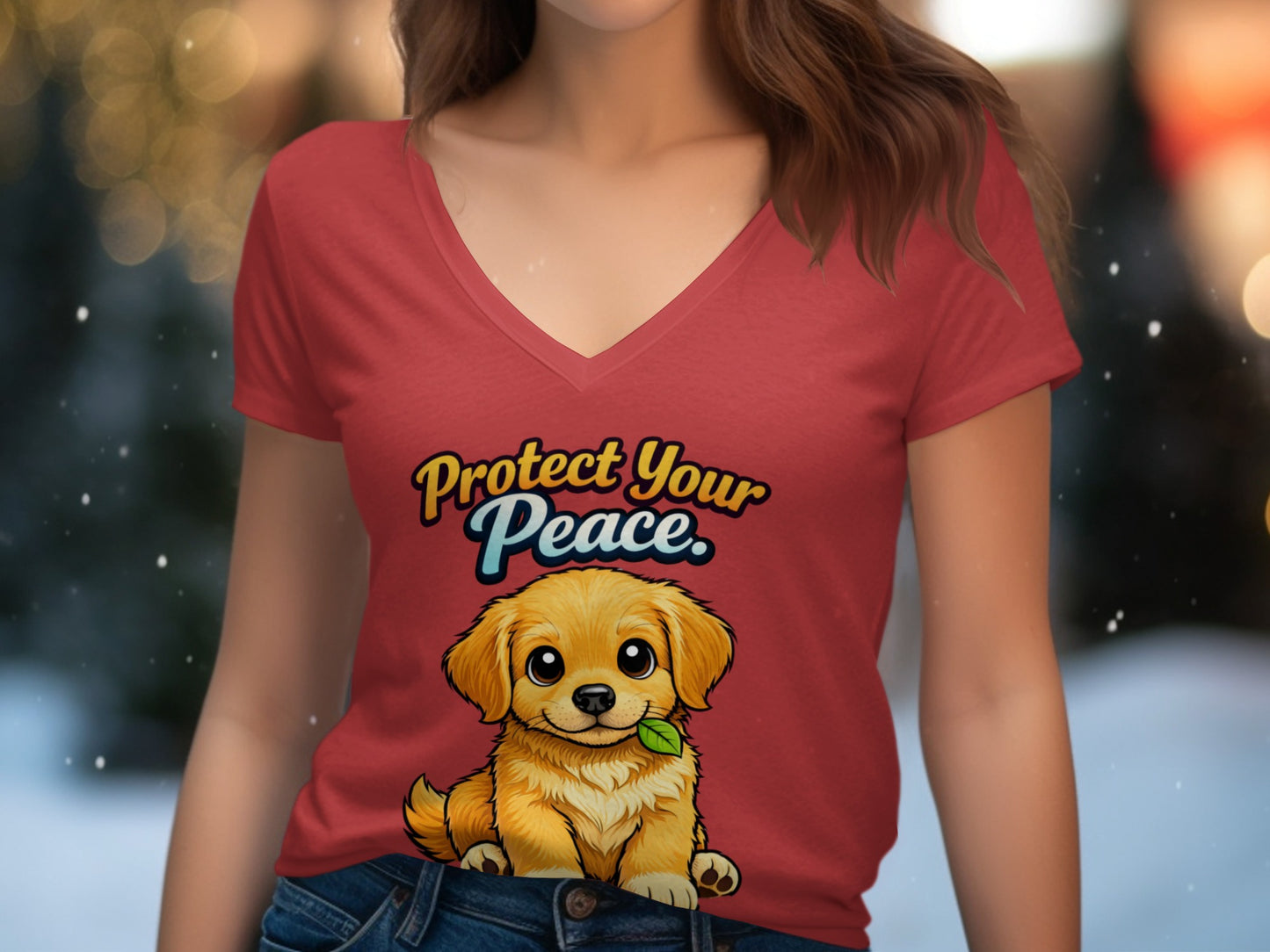 Red t-shirt with a cartoon puppy and text "Protect Your Peace."