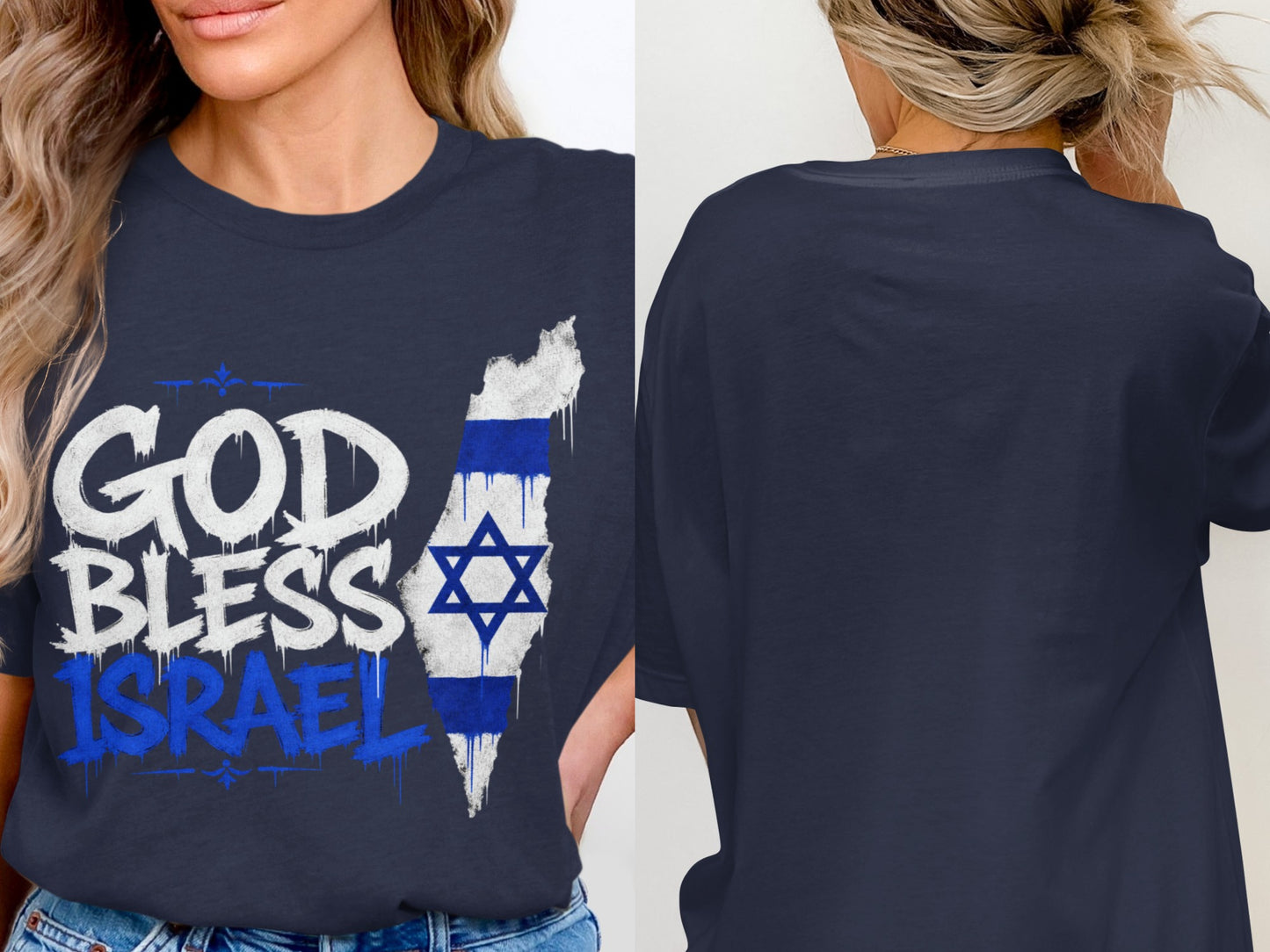Navy t-shirt with "GOD BLESS ISRAEL" text and Israeli flag map.