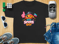 Black t-shirt with cartoon ball character cheering "GO SPURS GO!"