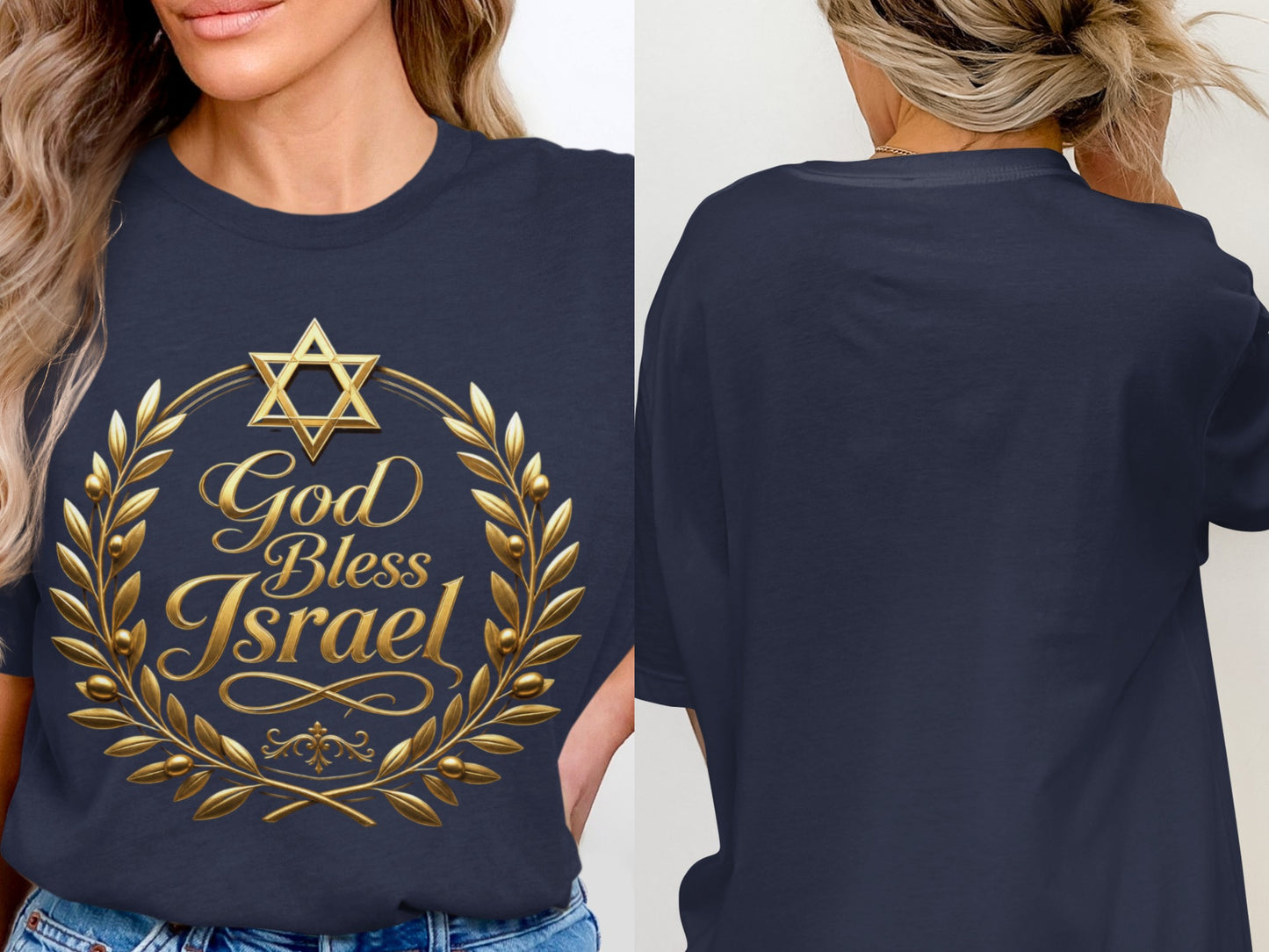 Dark blue t-shirt with golden Star of David and "God Bless Israel" text design.