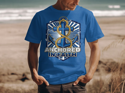 Blue t-shirt with anchor and cross graphic that reads "ANCHORED IN FAITH".