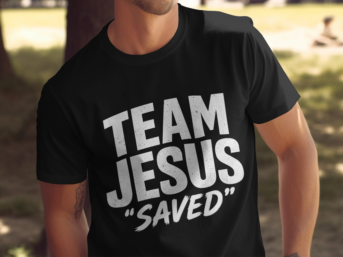 Black t-shirt with white distressed text reading "TEAM JESUS SAVED".