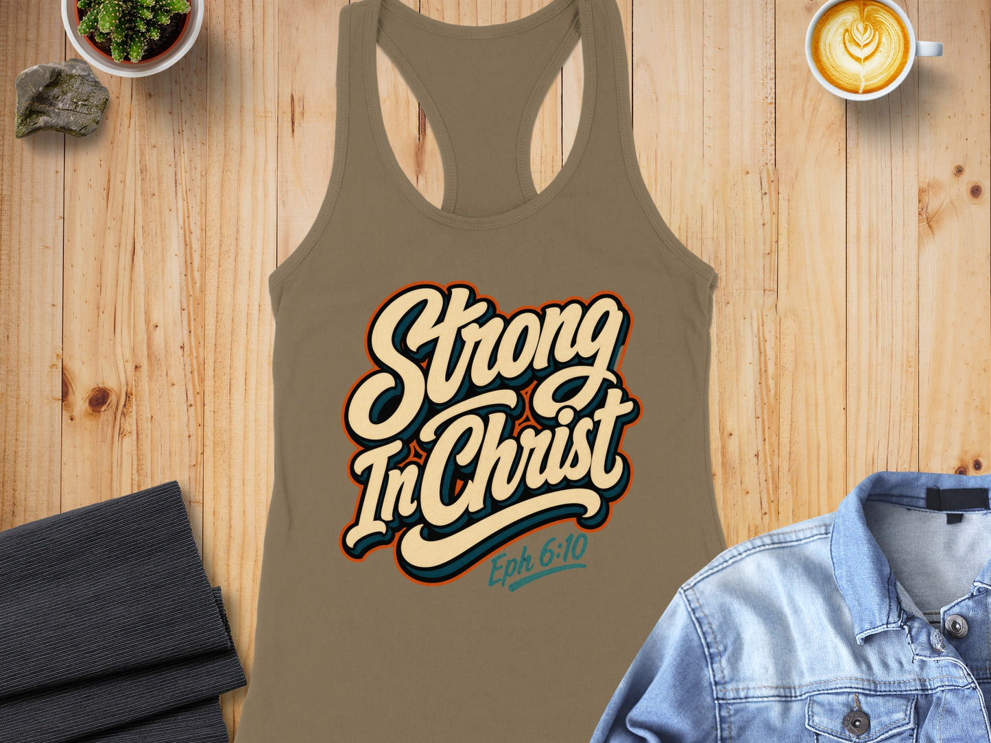 Taupe tank top with "Strong In Christ Eph 6:10" graphic.