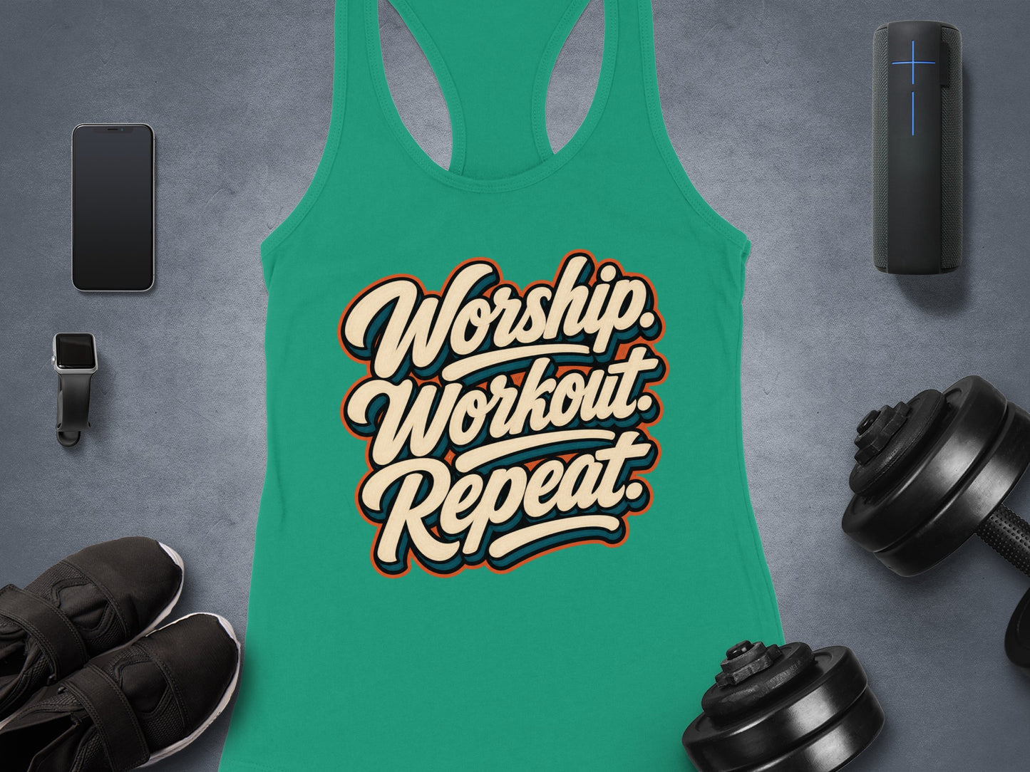 Green tank top with "Worship. Workout. Repeat." text, surrounded by gym accessories.