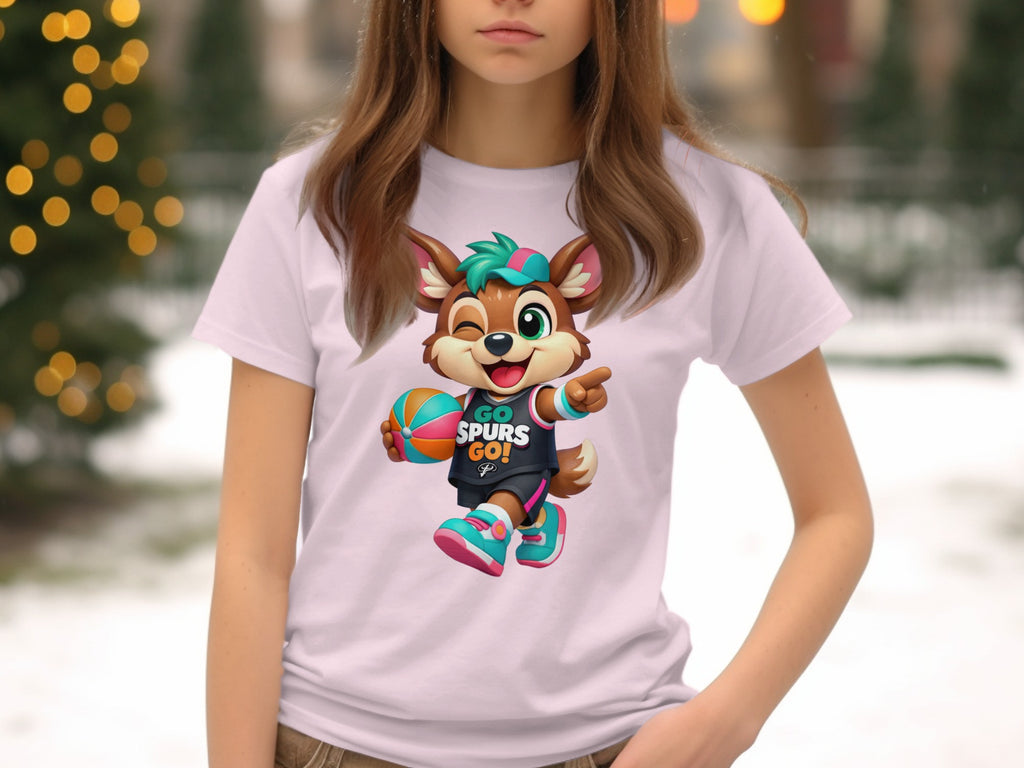 Cartoon fox with basketball and "GO SPURS GO!" text on a white t-shirt.