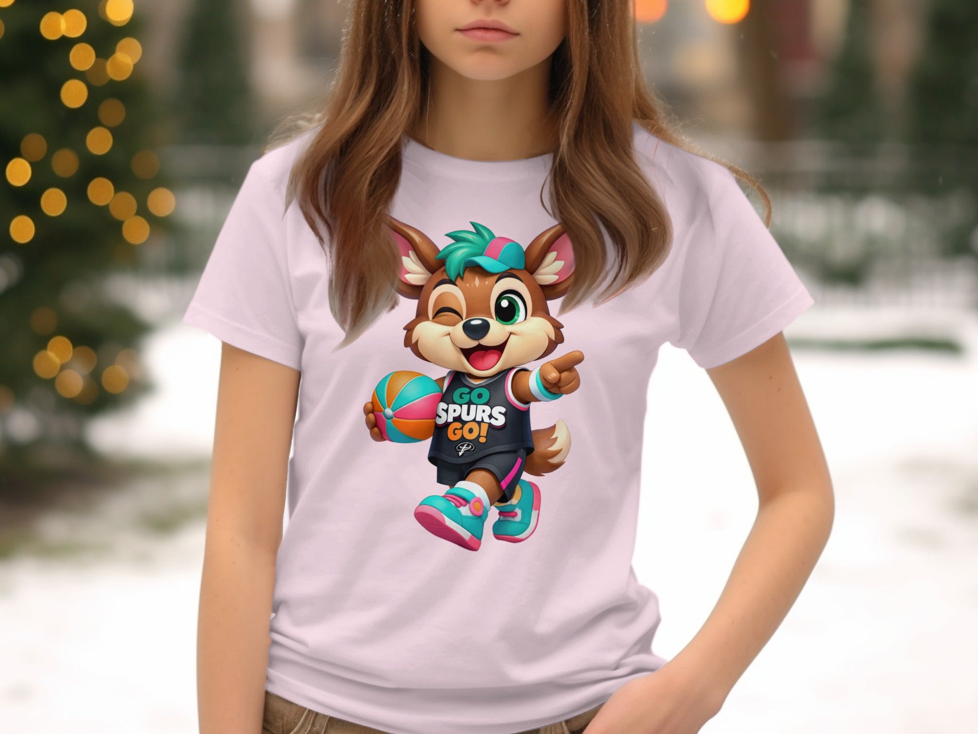 Cartoon fox with basketball and "GO SPURS GO!" text on a white t-shirt.