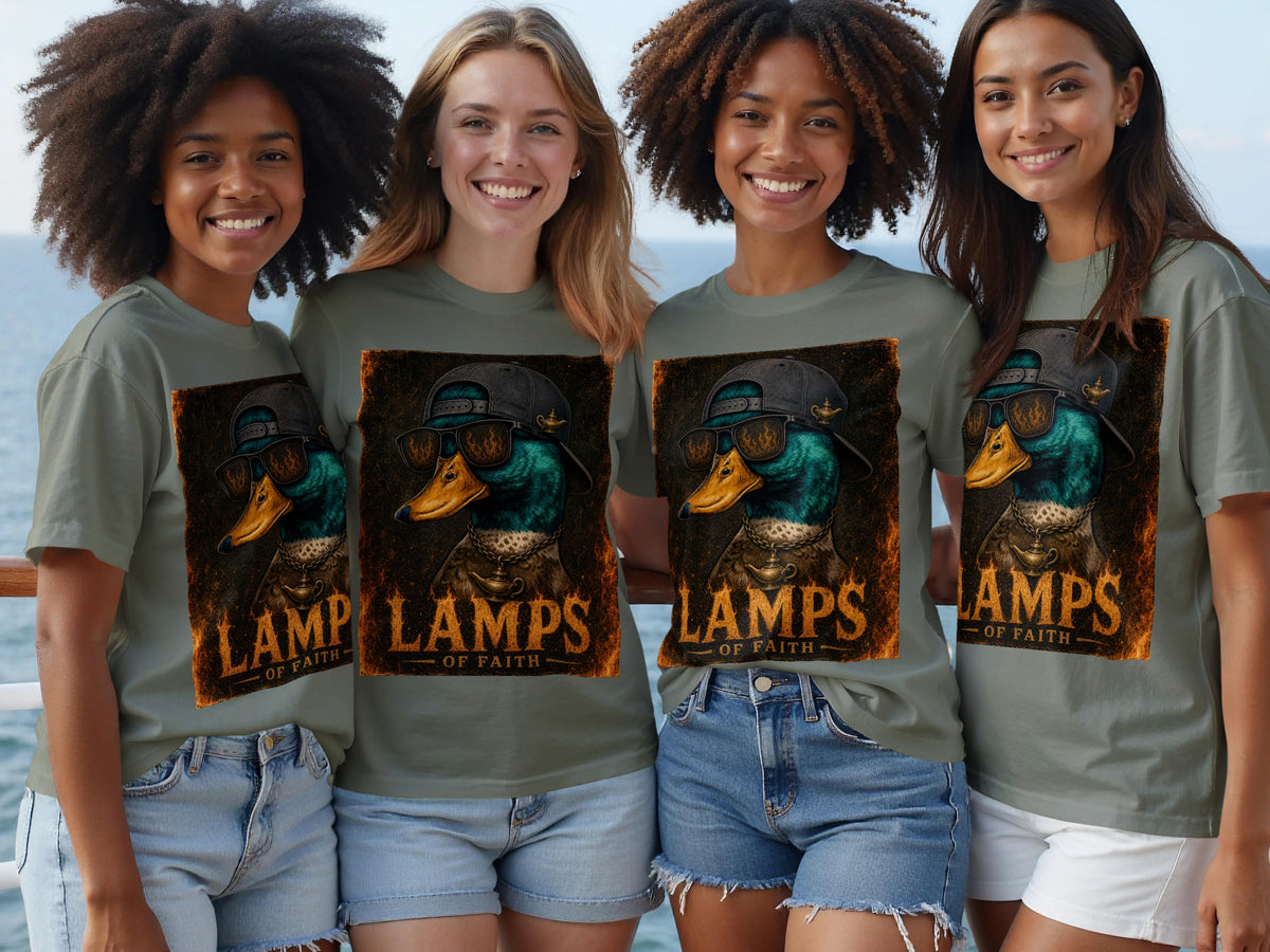Four women wearing t-shirts with a distressed graphic of a duck wearing sunglasses and a hat.