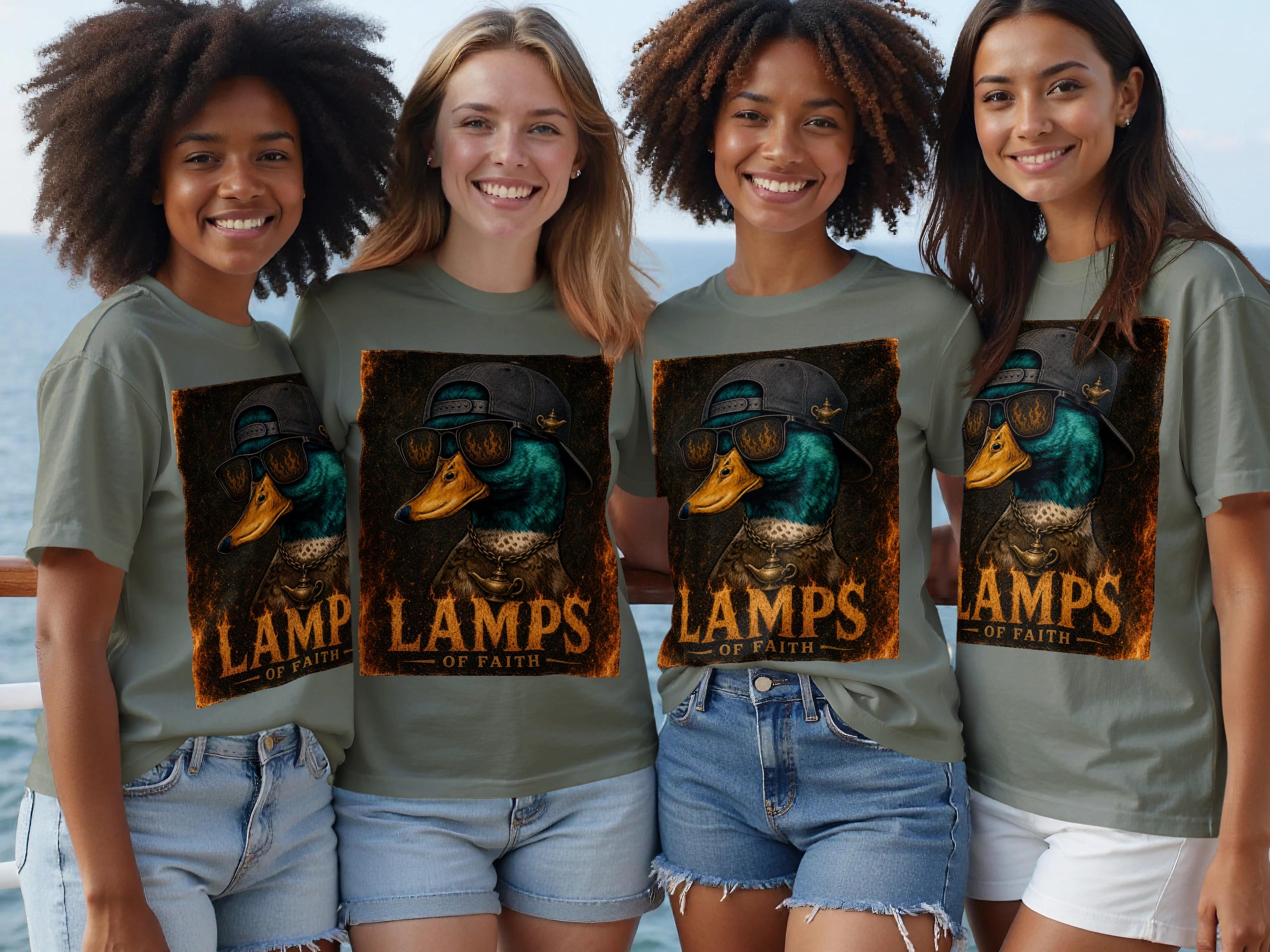 Four women wearing t-shirts with a distressed graphic of a duck wearing sunglasses and a hat.